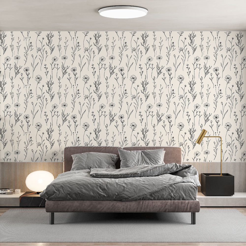 Monochrome Floral Wallpaper on Beige | Wall Mural Design