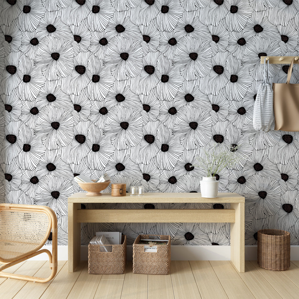 Black & White Floral Wallpaper | Linear Blooms with Dark Centres