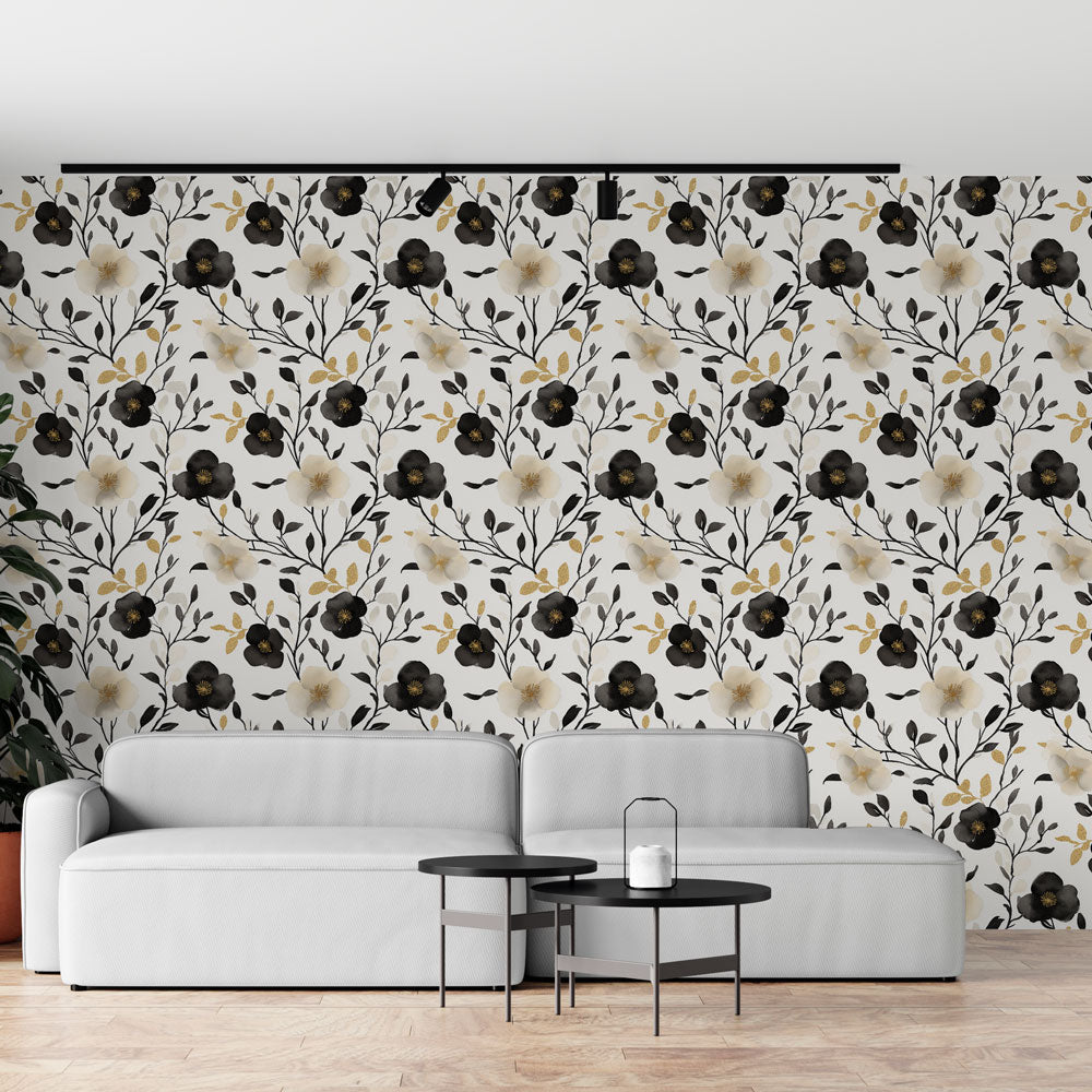 Black and Gold Floral Wallpaper | Elegant Wall Mural White Ground