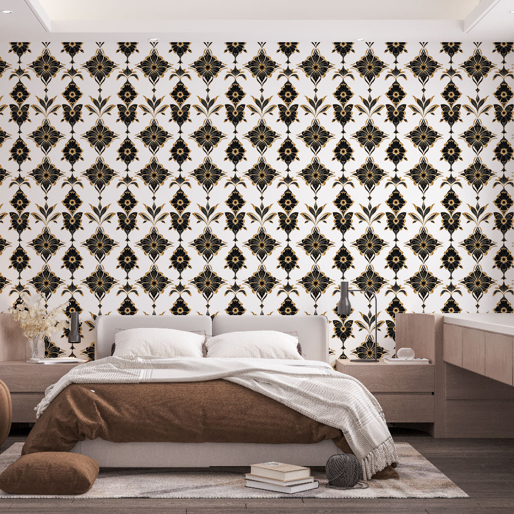 Black & Golden Floral Wallpaper on White Background