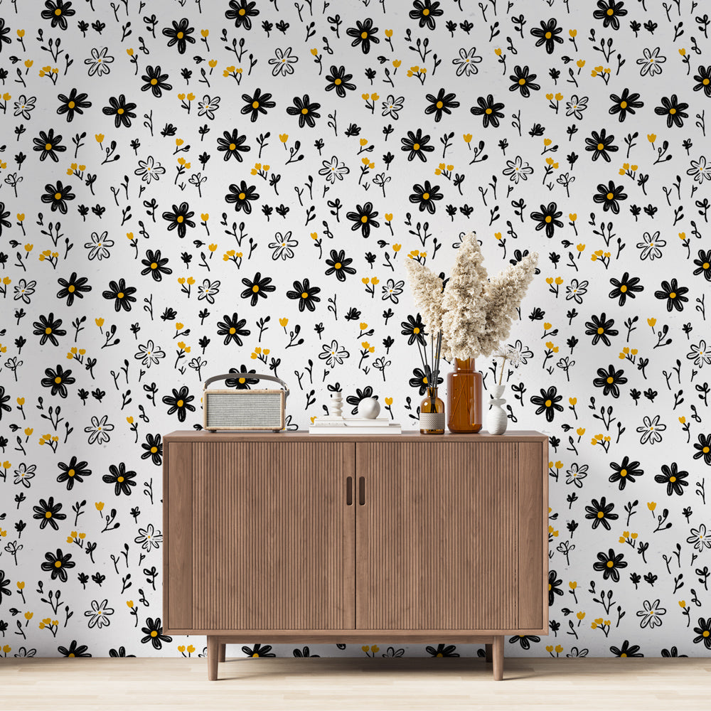 Black and Yellow Floral Wallpaper | Delicate Bloom Mural