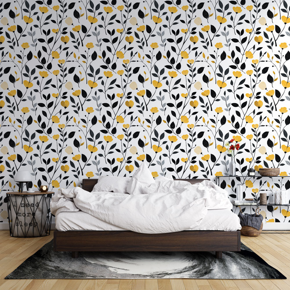 Black Yellow Floral Wallpaper | Bloom Leaves Wall Mural White