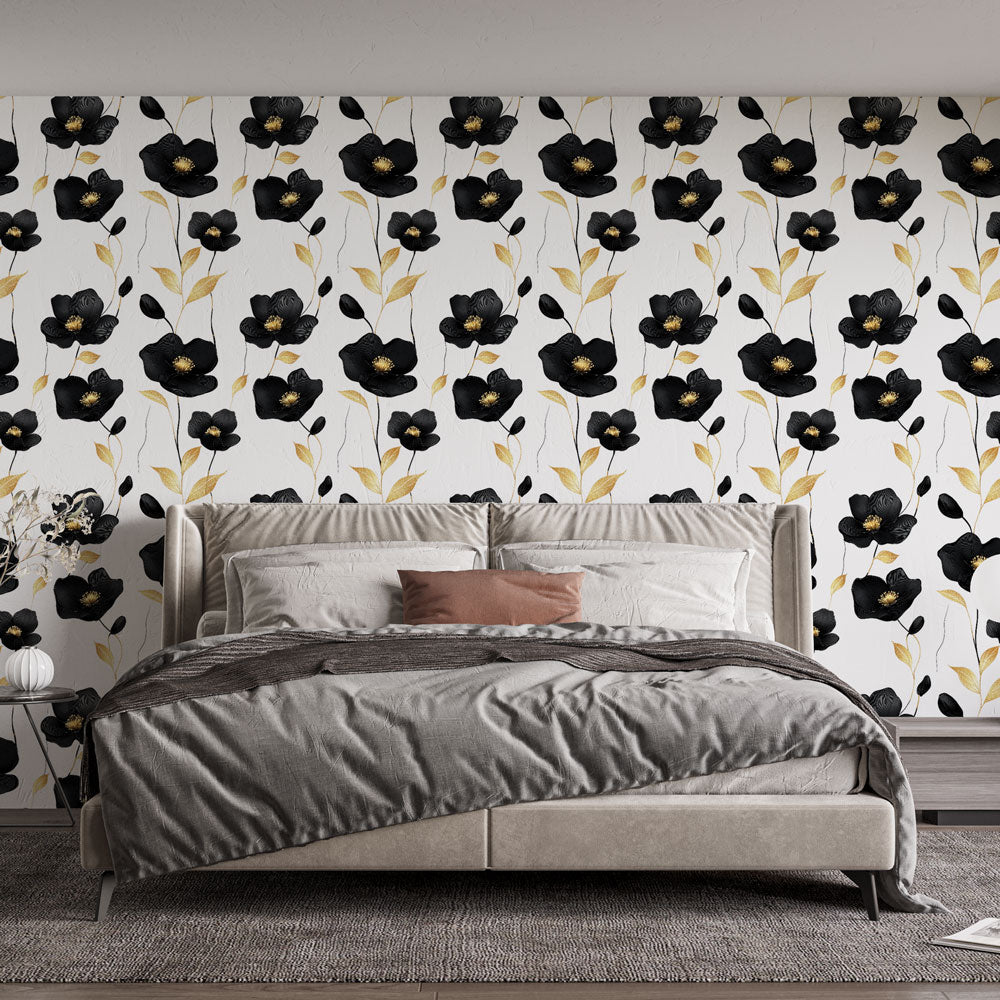 Black Gold Floral Wallpaper | Elegant Wall Mural White
