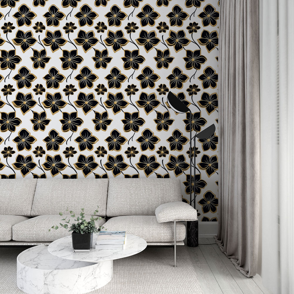 Black Gold Stylised Floral Wallpaper | Premium Wall Mural White