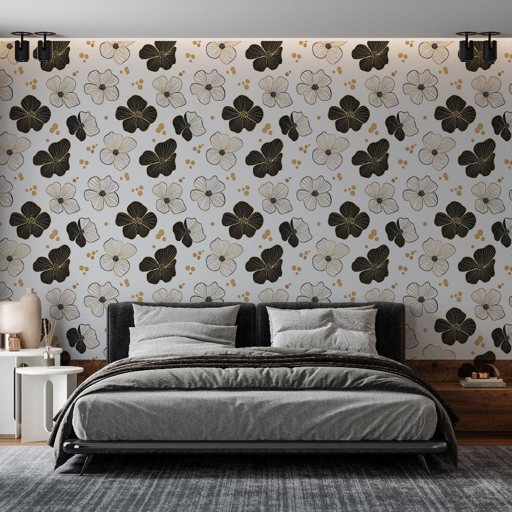 Black & Gold Floral Wallpaper on White Background