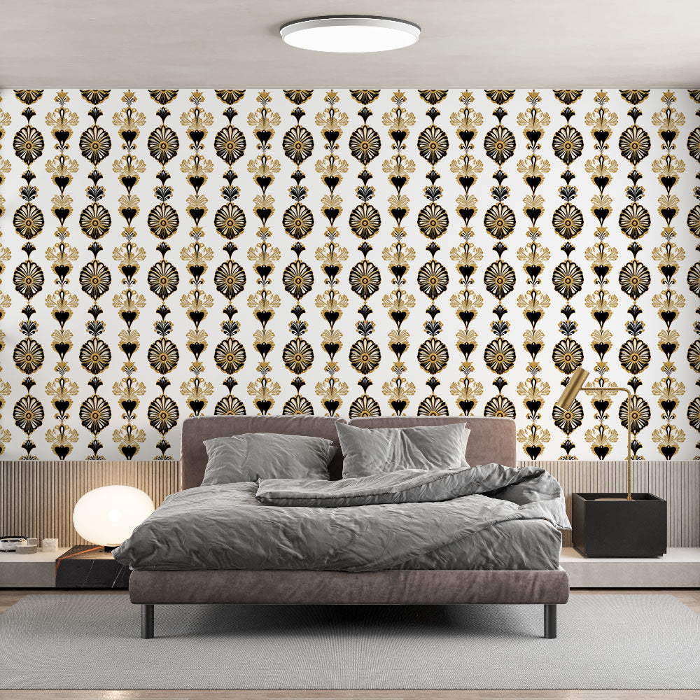 Black & Gold Floral Wallpaper on Pure White