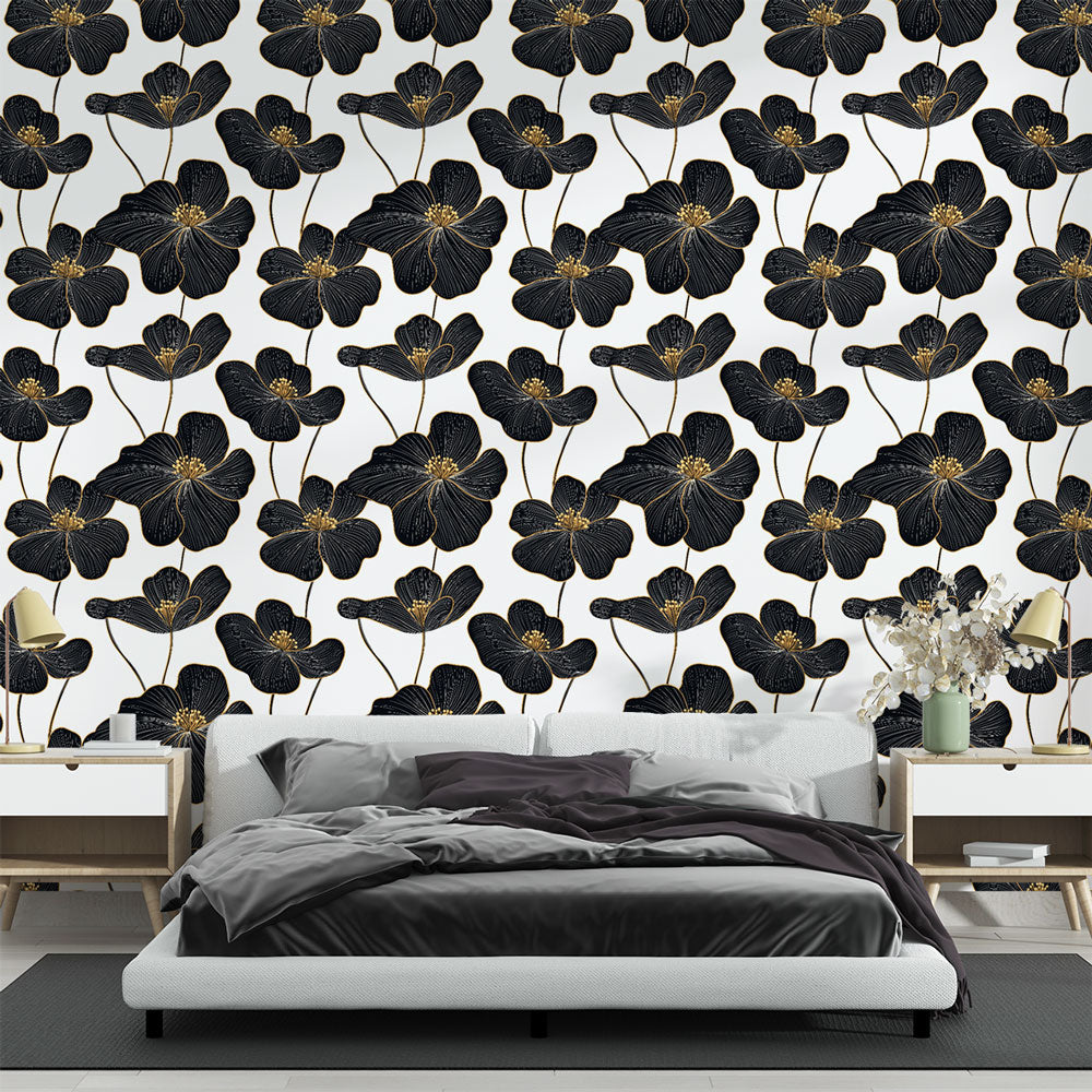 Black and Gold Floral Wallpaper | Elegant Wall Mural on White