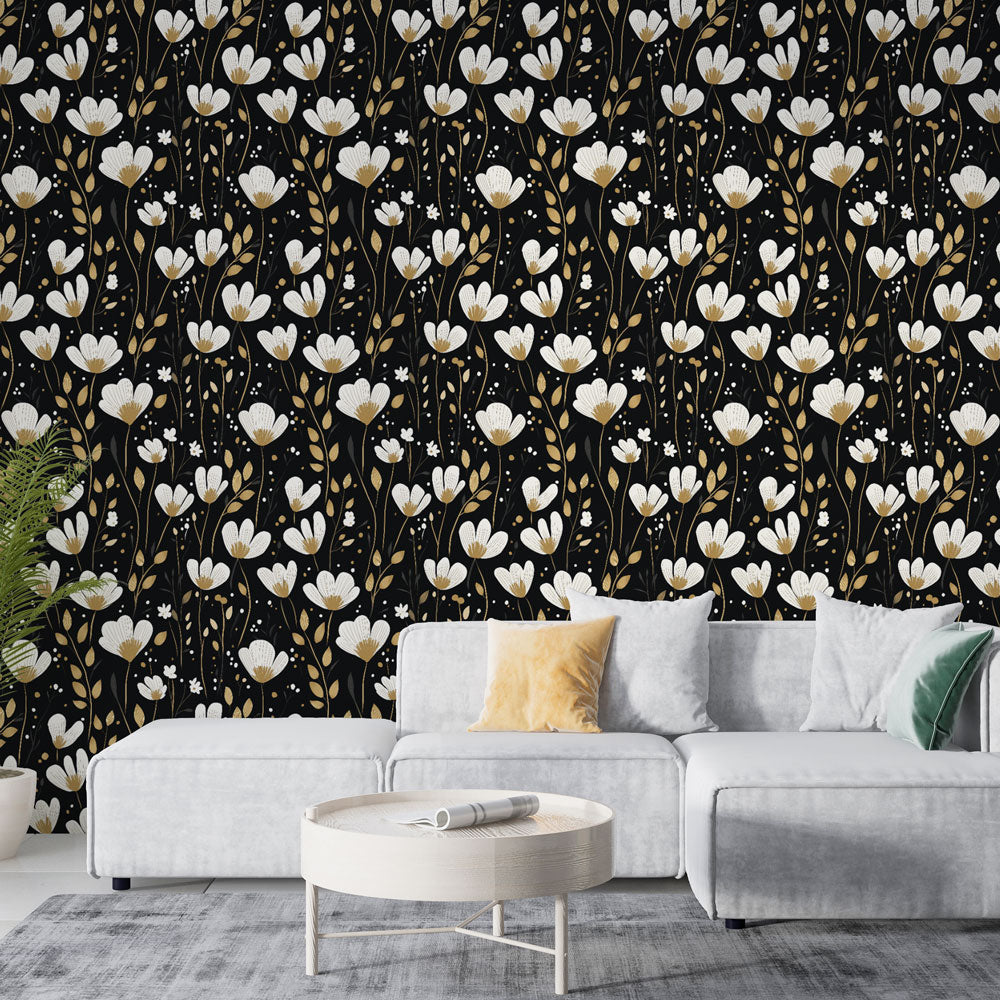 Black Floral Wallpaper | White Blooms & Gold Wall Mural