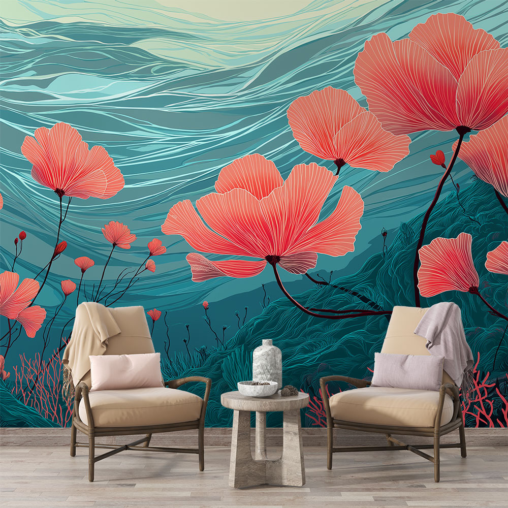 Underwater Floral Wallpaper | Red Blooms on Aquatic Blue Mural