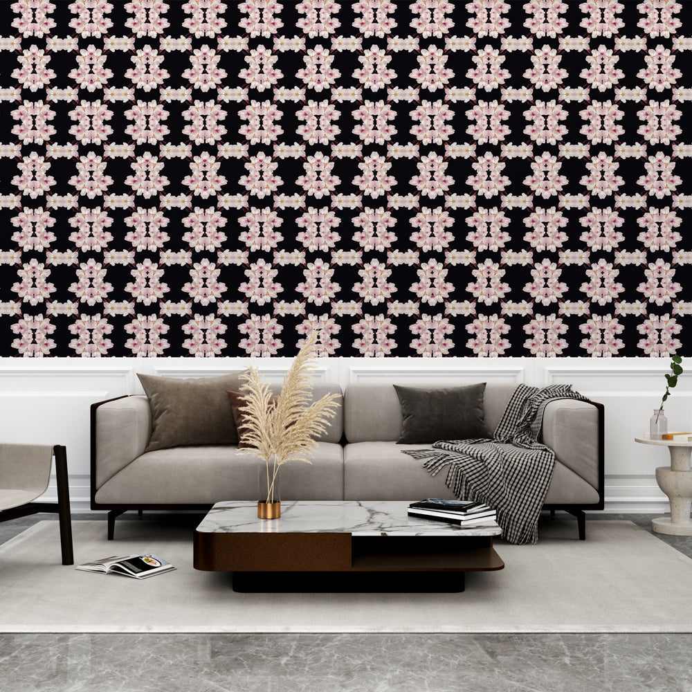 Floral Black Wallpaper | Delicate Pink White Blooms Mural