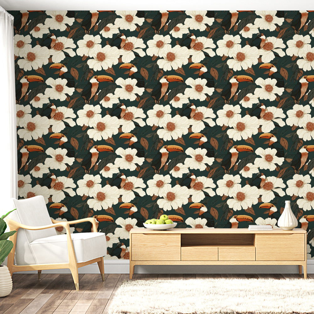 Floral Toucan Wallpaper | White Blooms and Bright Birds