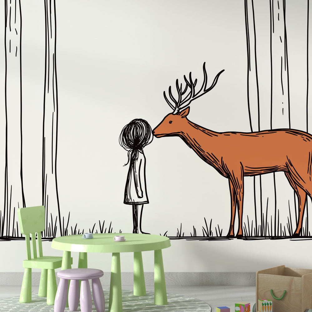 Enchanted Forest Wallpaper | Girl Meeting a Deer in the Woods