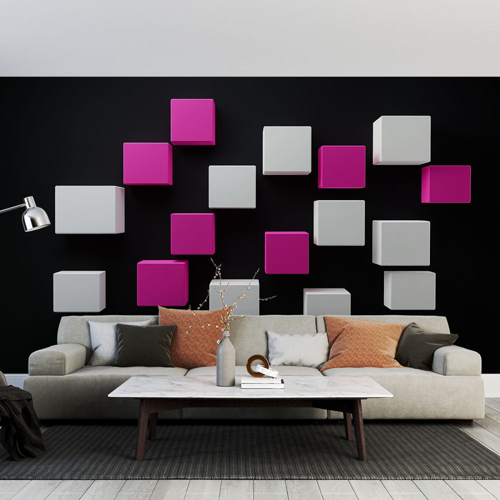 Geometric Wallpaper | Pink & White Cubes on Black