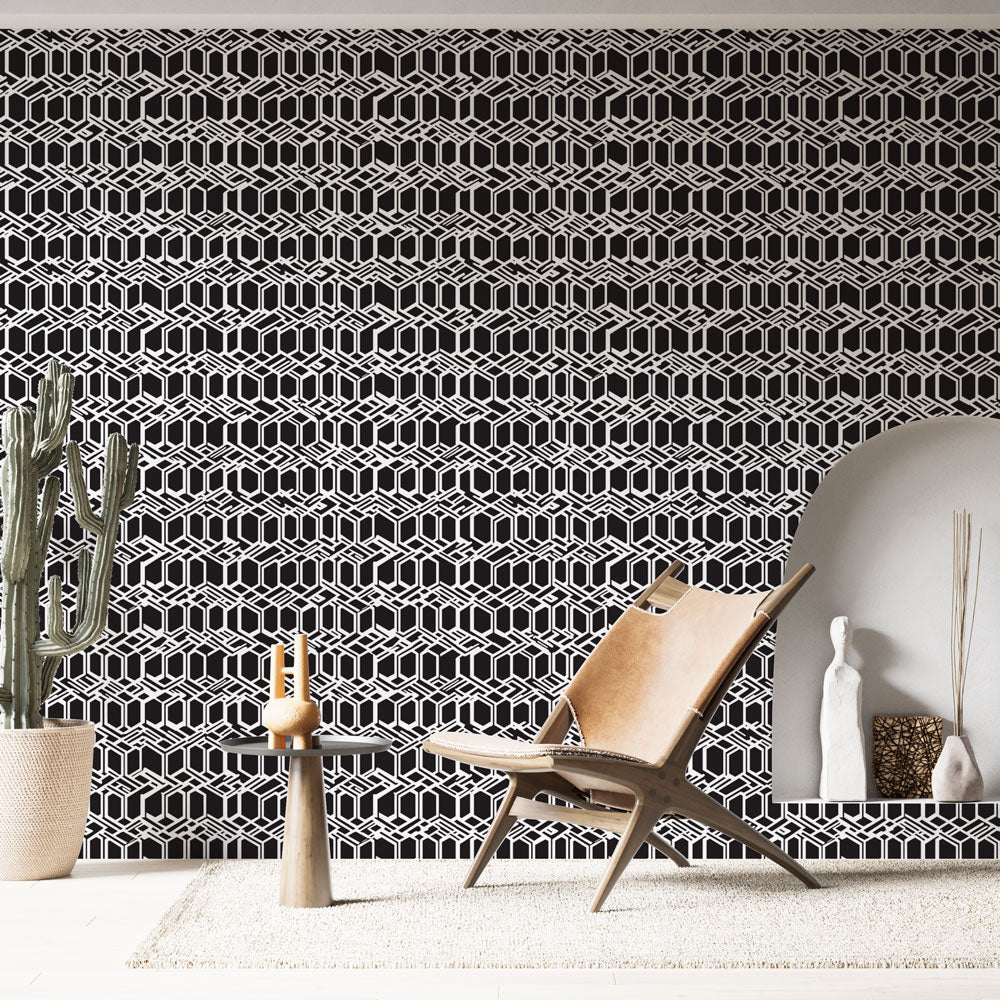 Geometric Hexagon Wallpaper | B&W Stylised Wall Mural