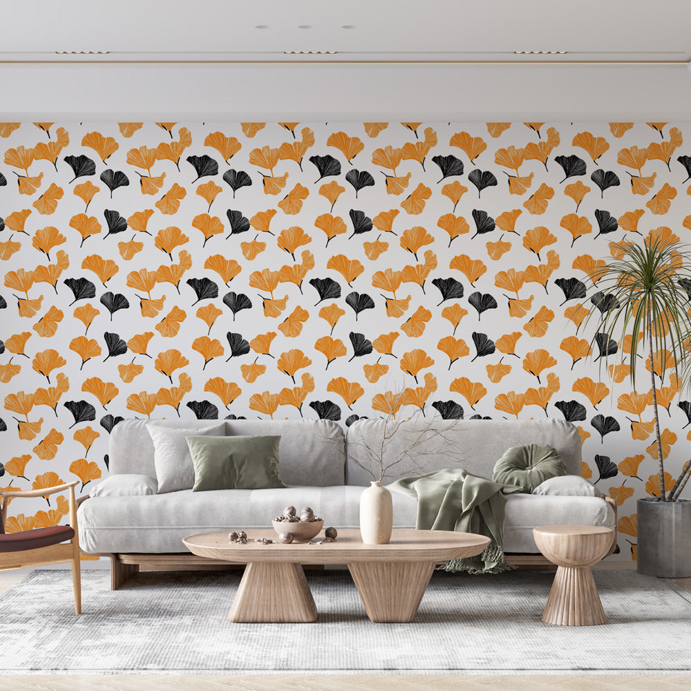 Ginkgo wallpaper | Orange & black leaves on white mural