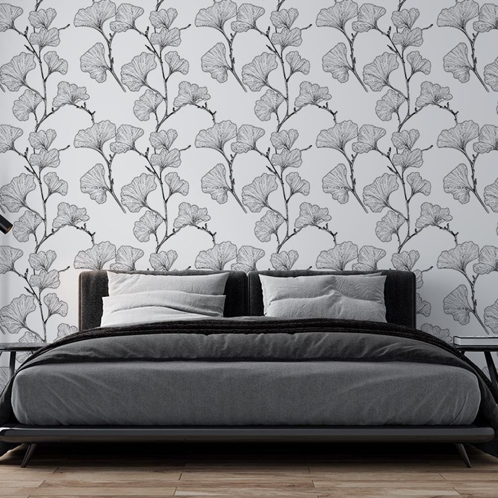 Ginkgo Biloba Wallpaper | Elegant Black & White Leaves Wall Mural