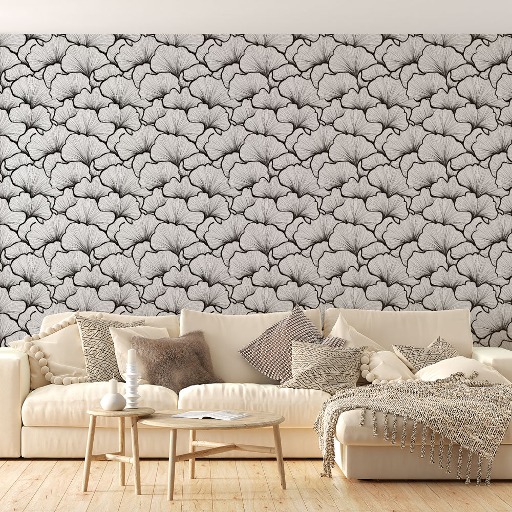 Ginkgo Biloba Wallpaper | Hand-Drawn Black & White Wall Mural