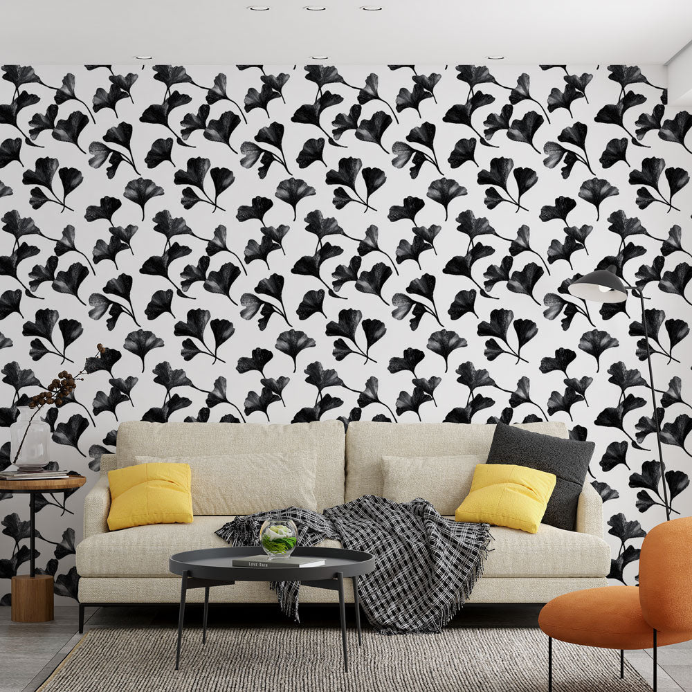 Ginkgo Biloba B&W Wallpaper | Refined Leaves Wall Mural on White
