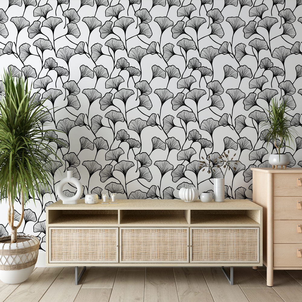 Ginkgo wallpaper | Black & white leaf wall mural design