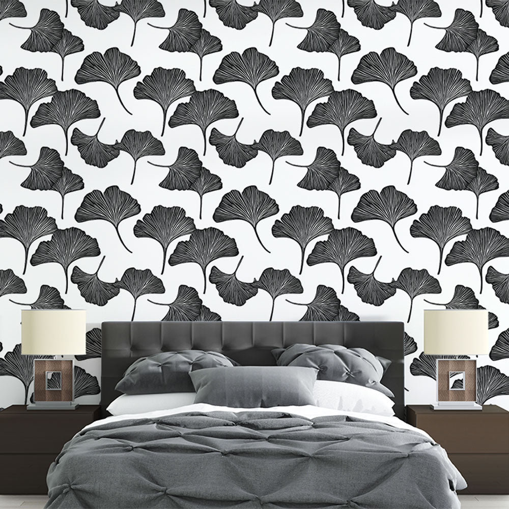 Ginkgo Leaf Wallpaper | Graphic Black Wall Mural