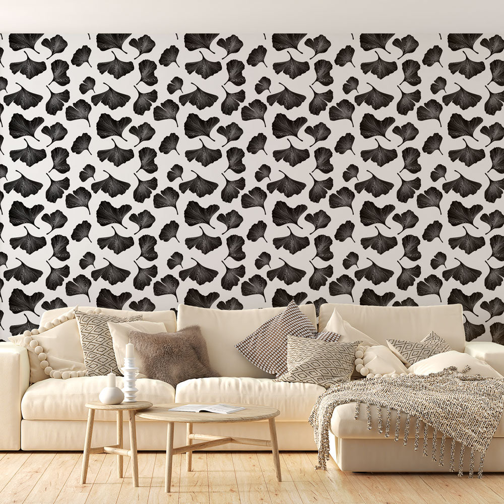 Ginkgo B&W Wallpaper | Hand-Drawn Leaves Wall Mural on White