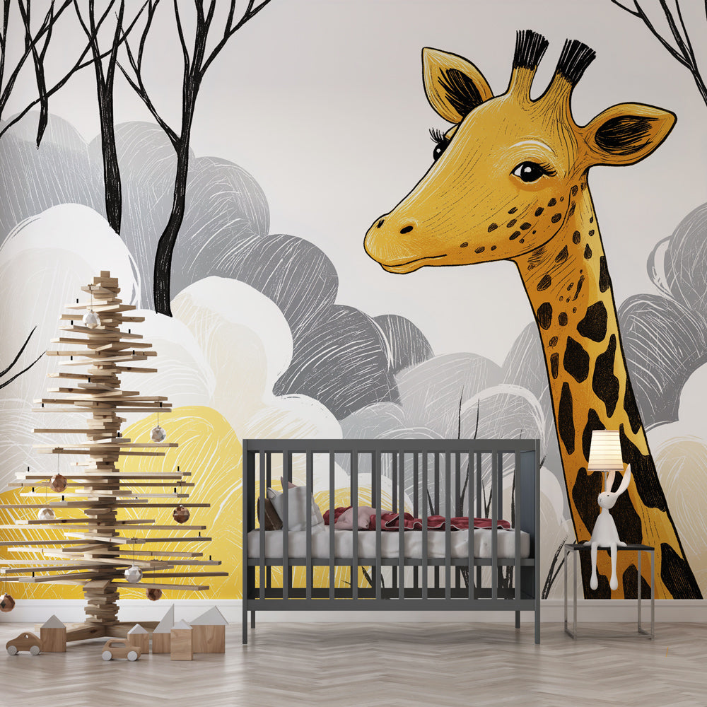 Giraffe Wallpaper | Playful Giraffe in a Stylized Landscape