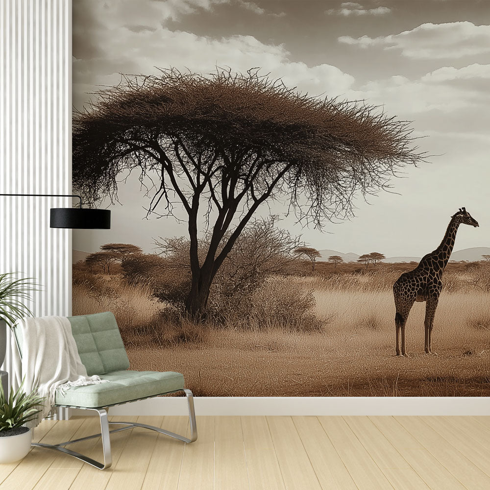 Giraffe Wallpaper | African Landscape in Sepia Tones