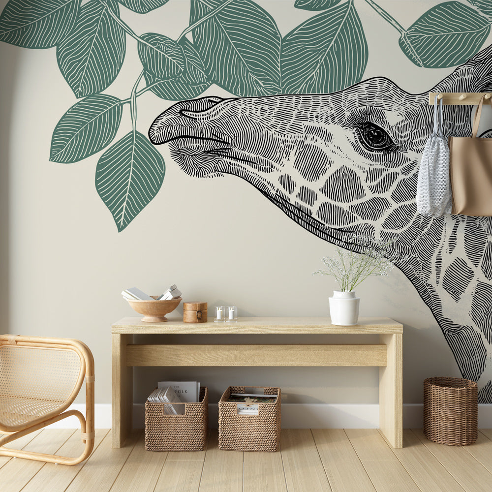 Giraffe Wallpaper | Elegant Giraffe Head Framed by Leaves