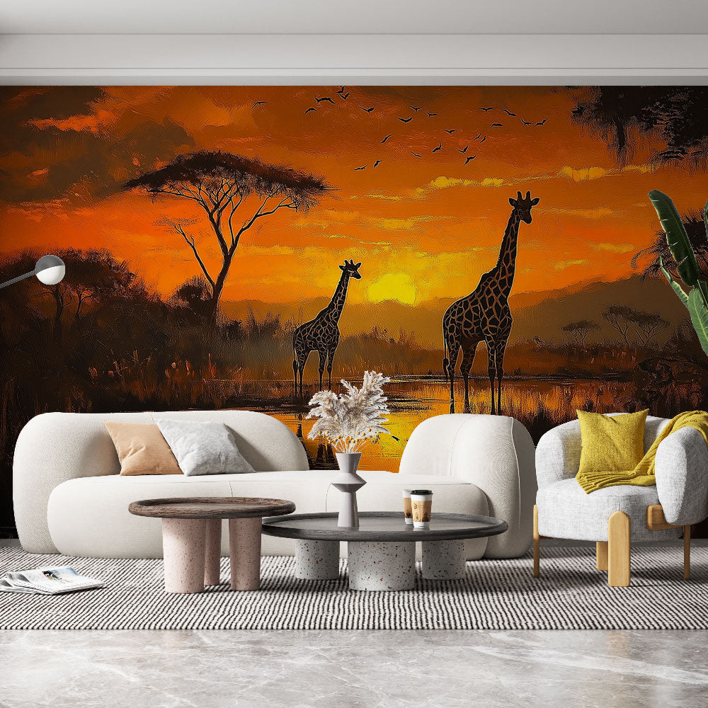 Giraffes Wallpaper | African Sunset in Silhouette
