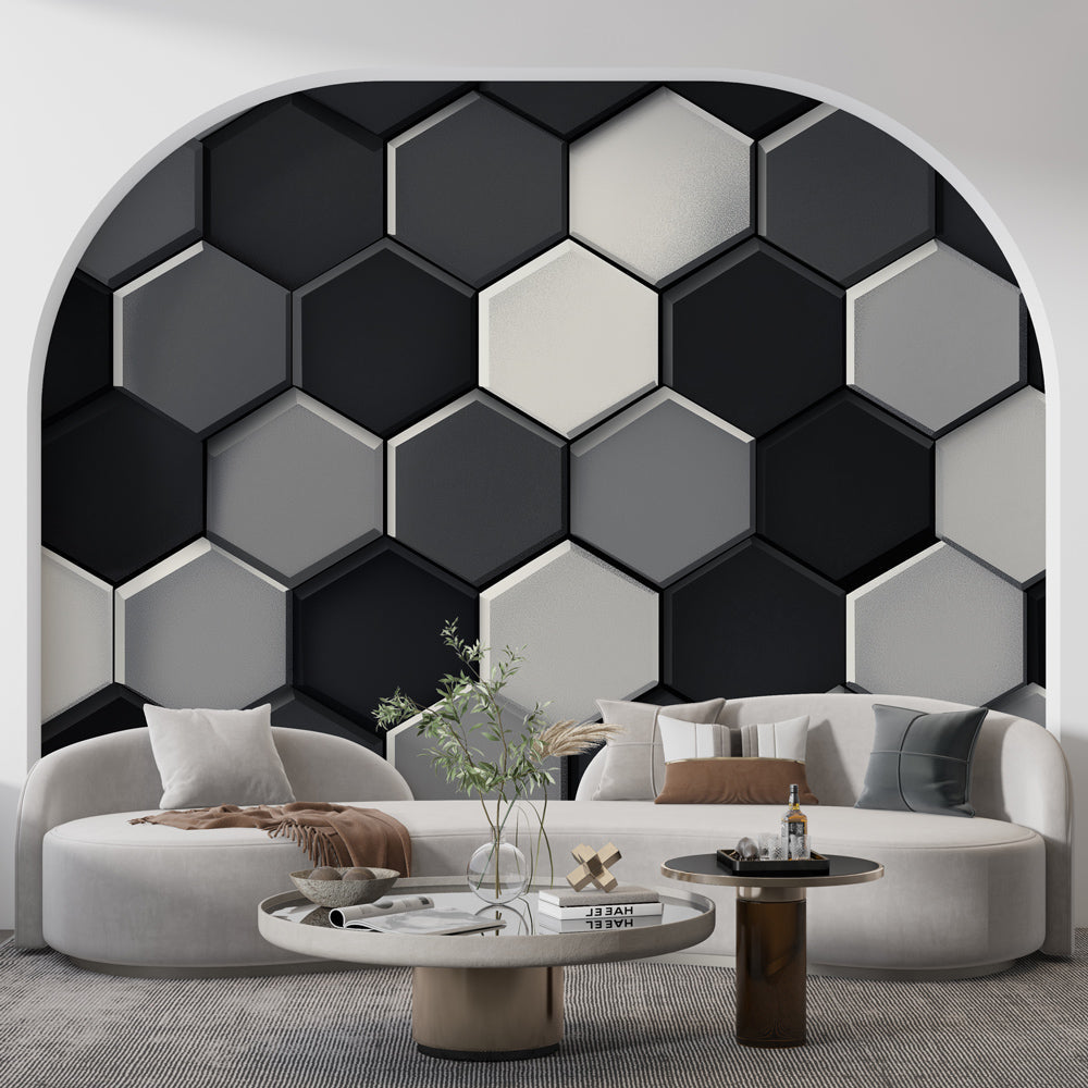 Hexagon Wallpaper | Black, Grey & White Geometric Mural