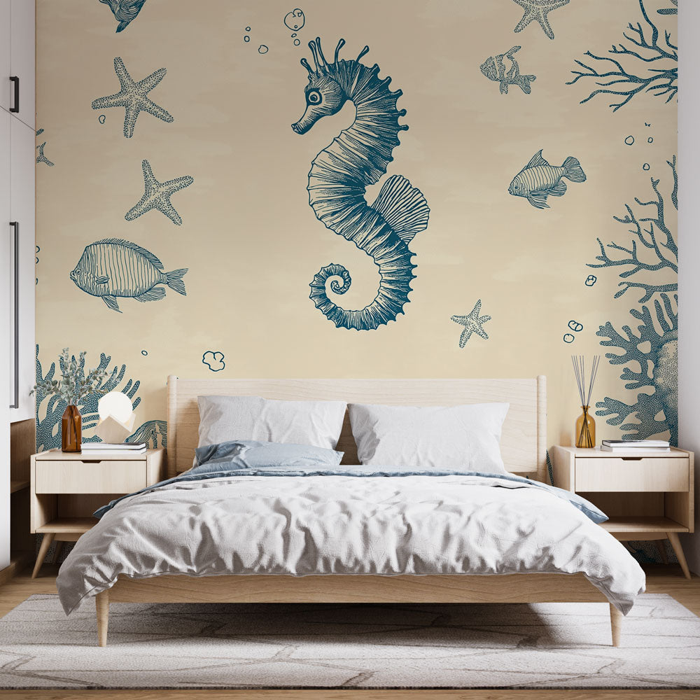 Seahorse Wallpaper | Marine Pattern with Seahorse, Fish and Coral