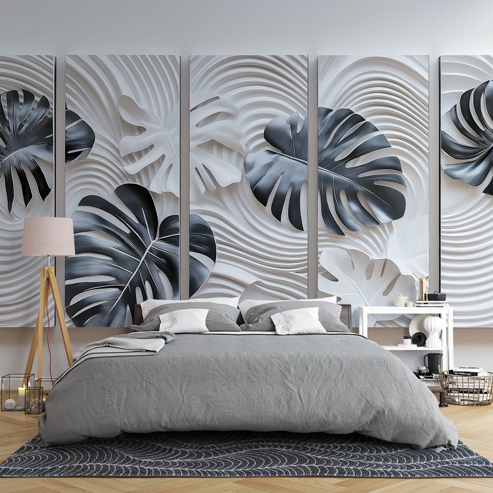 Modern Black White Leaves Wallpaper | Wavy Background Painting
