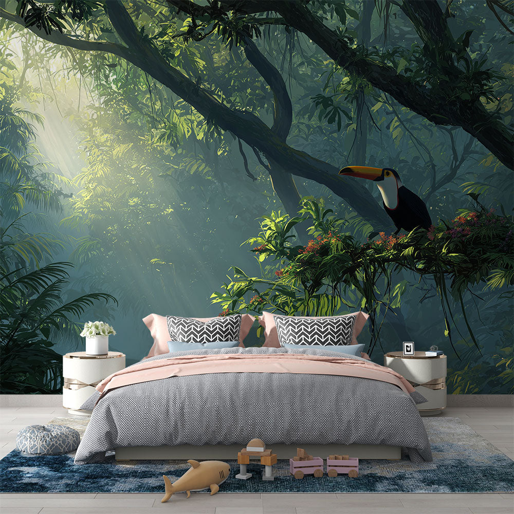 Toucan Jungle Wall Mural | Sunlit Tropical Rainforest