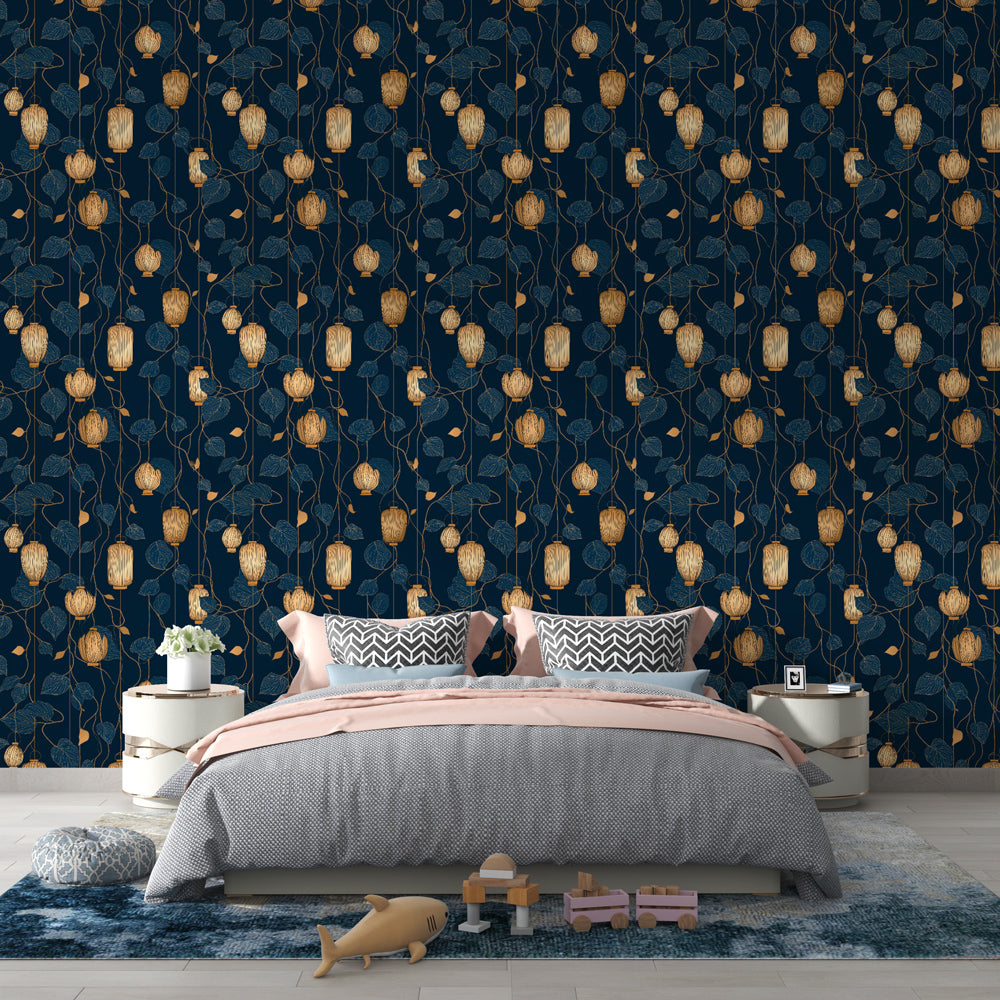 Lantern Wallpaper | Gold Lanterns and Foliage on Navy Mural