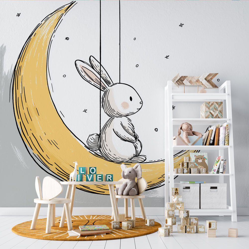 Rabbit on the Moon Wallpaper | Bunny on a Golden Crescent