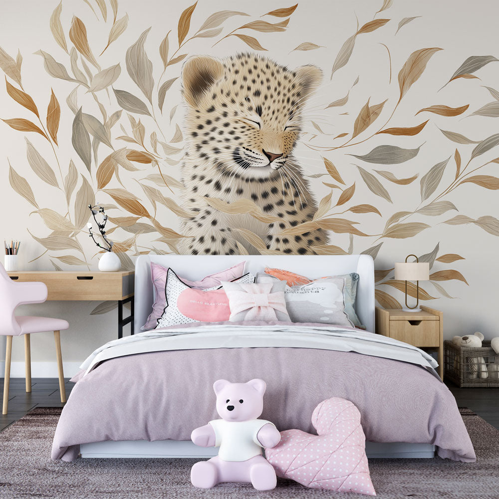 Leopard Wallpaper | Playful Leopard in Soft Colorful Leaves