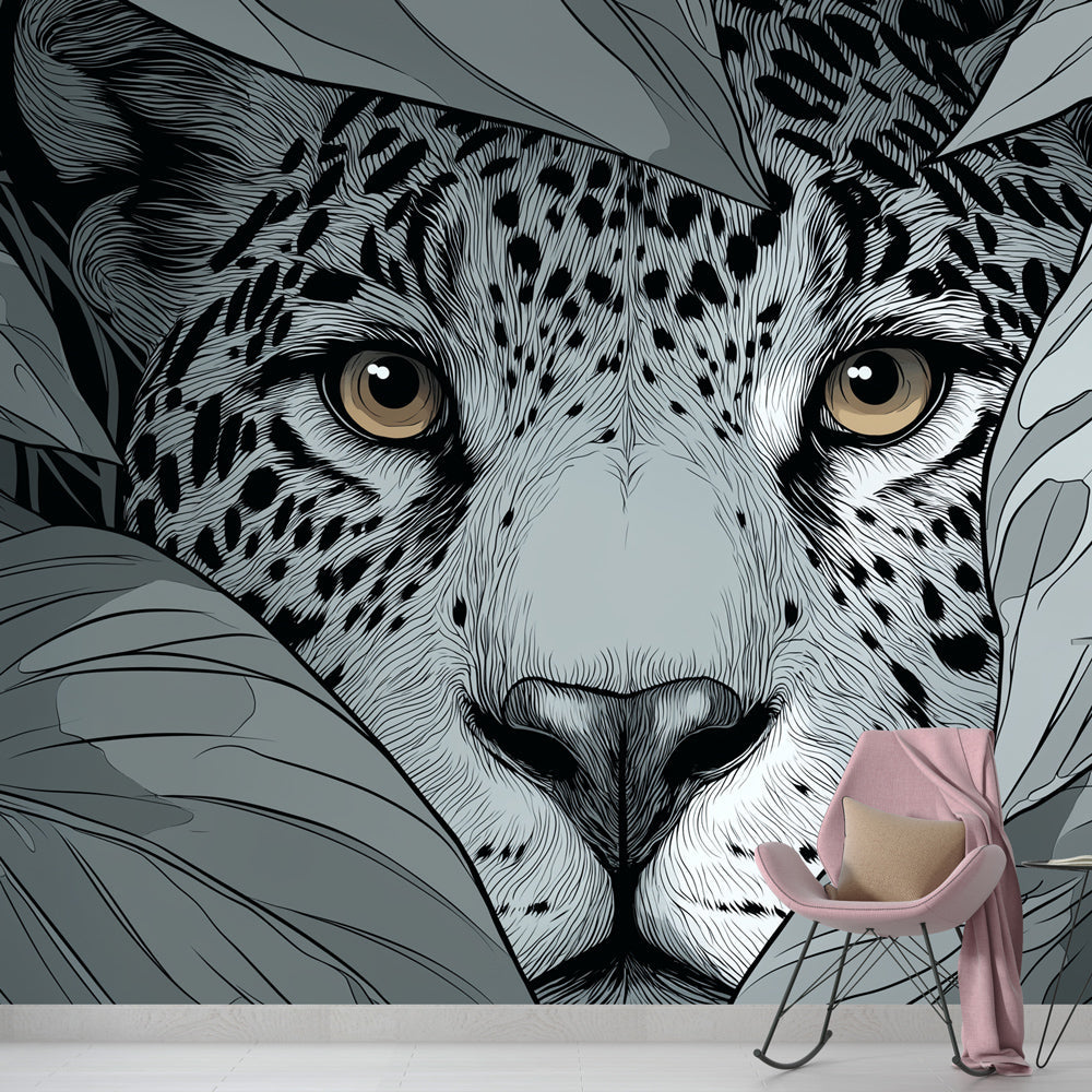Leopard Wall Mural | Majestic Big Cat in Monochrome Foliage