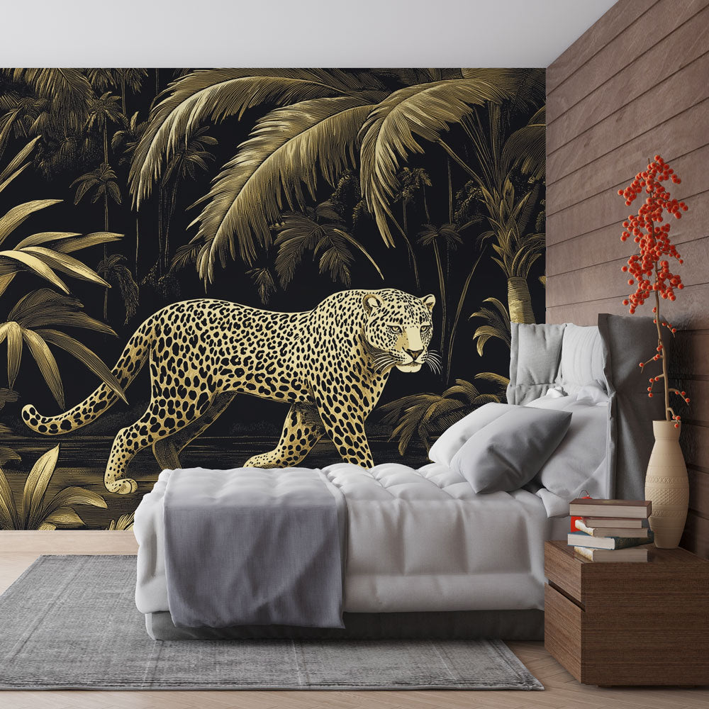 Leopard Wallpaper | Gold Tropical Motif on Black Wall