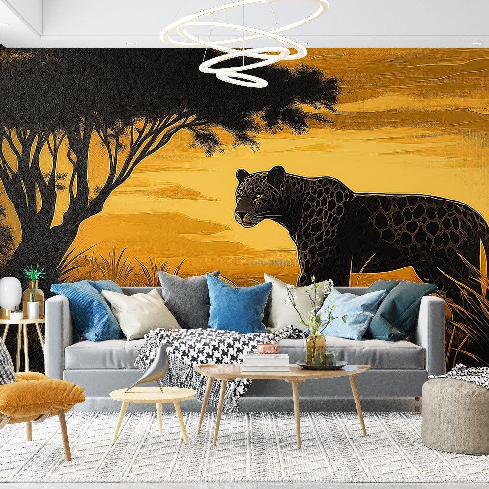 Leopard Silhouette Wallpaper in Golden Sunset Landscape
