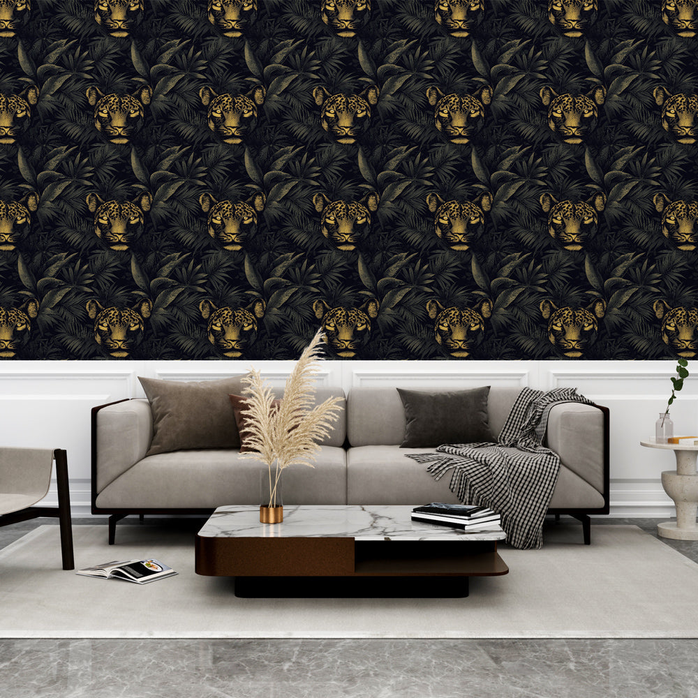 Leopard Wallpaper | Gold Leopard Heads and Lush Foliage