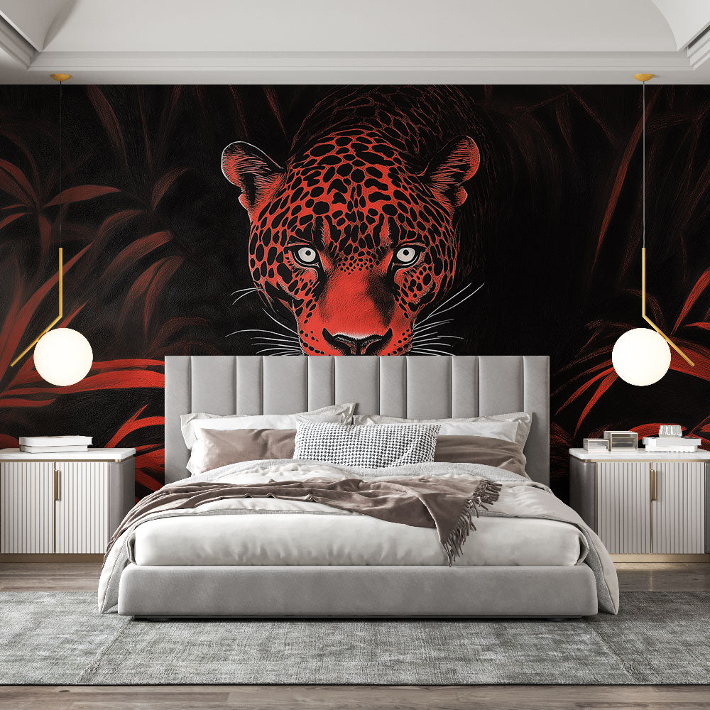Bold Leopard Wallpaper with Piercing Eyes & Red Jungle