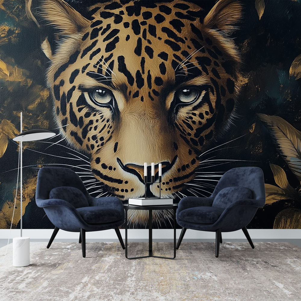 Majestic Leopard Face Wallpaper with Gold Accents & Foliage