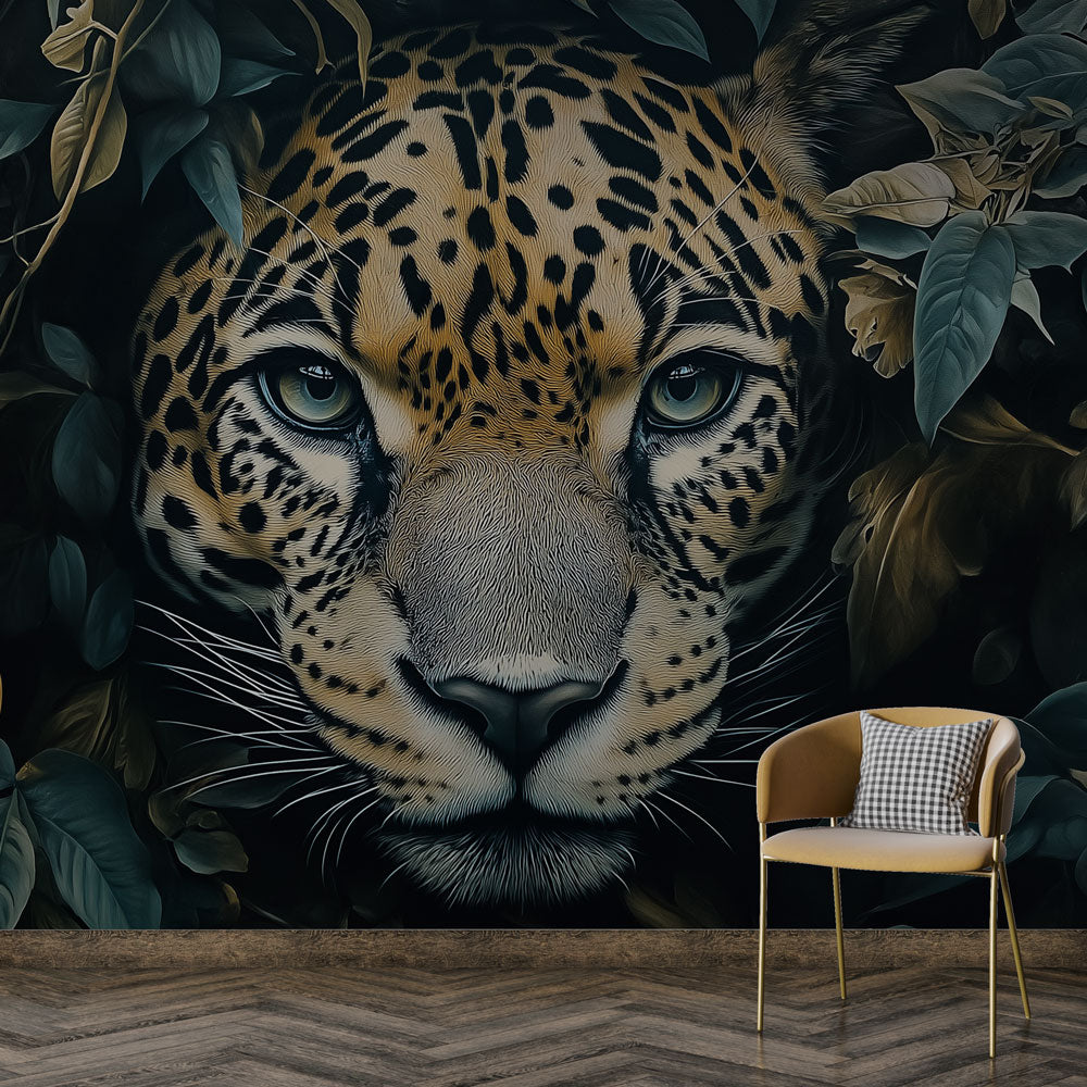 Majestic Leopard Face Wallpaper Among Lush Foliage