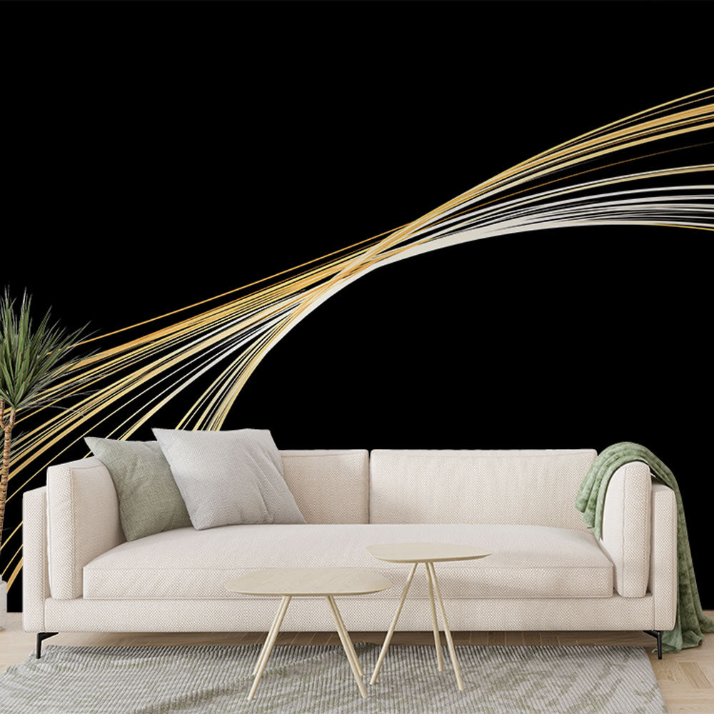 Elegant Line Wallpaper | Gold and White Wall Mural on Black