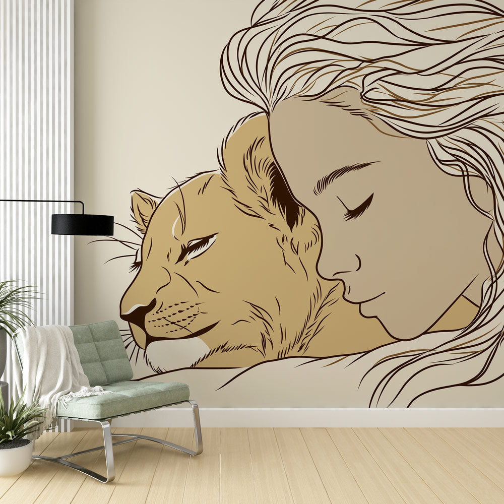 Lion and Woman Wallpaper | Tender Minimalist Line Art