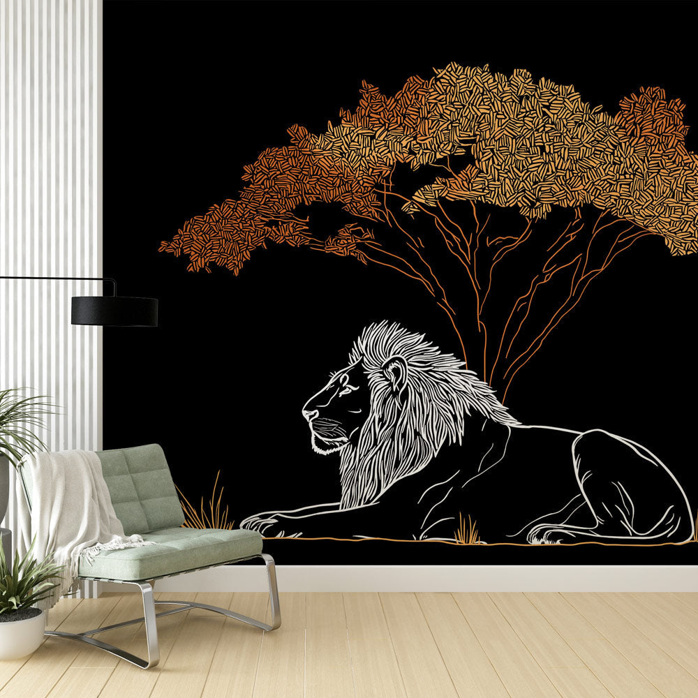 Lion Wallpaper | Lion Resting Under a Golden Tree on Black