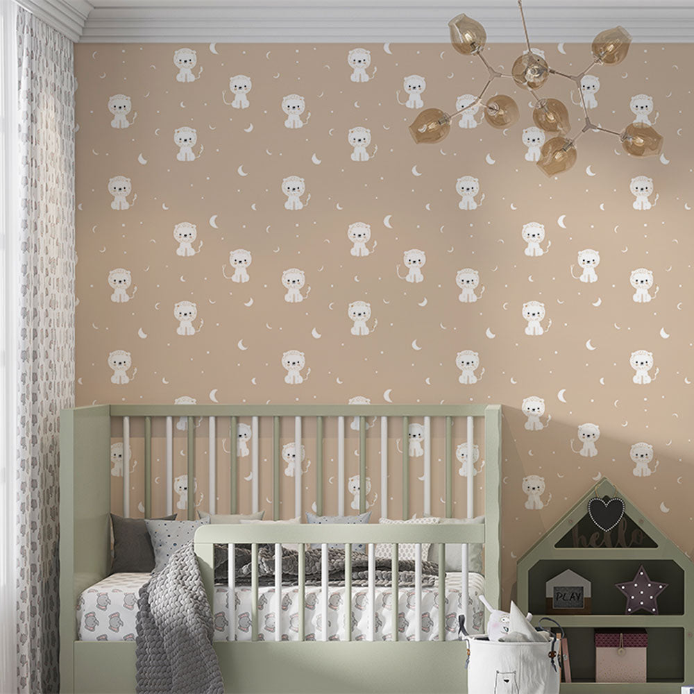 Cute Lion Wallpaper | Lions & Crescent Moons on Beige