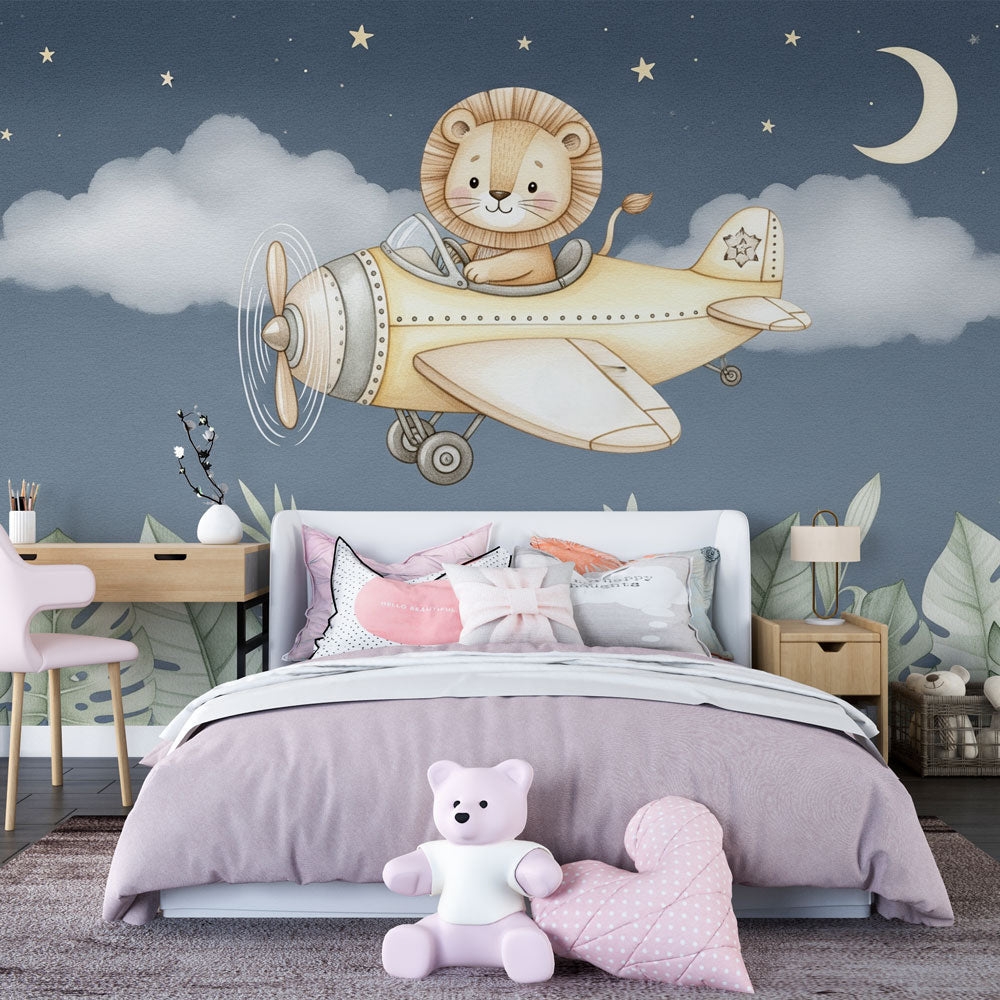 Lion Pilot Wallpaper | Vintage Plane Starry Wall Mural