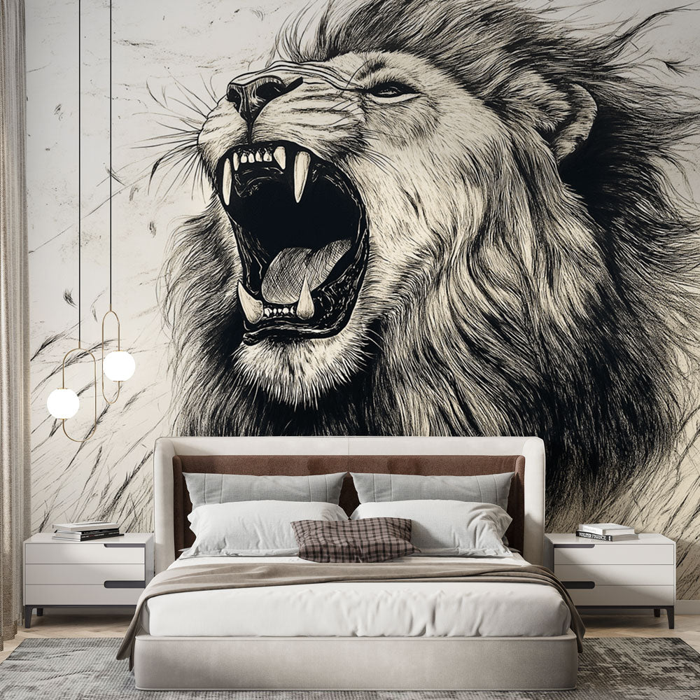Roaring Lion Wallpaper | Captivating Monochrome Mural