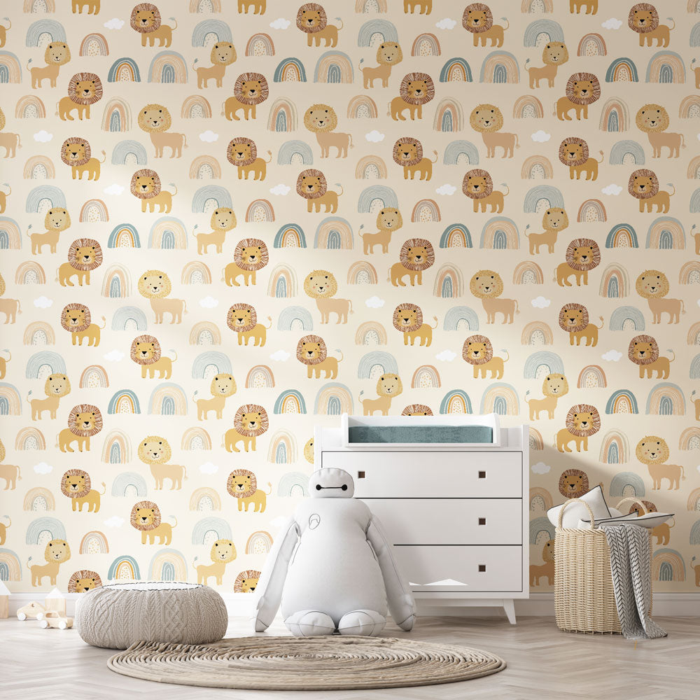 Lion and Rainbow Wallpaper | Pastel Beige Wall Mural